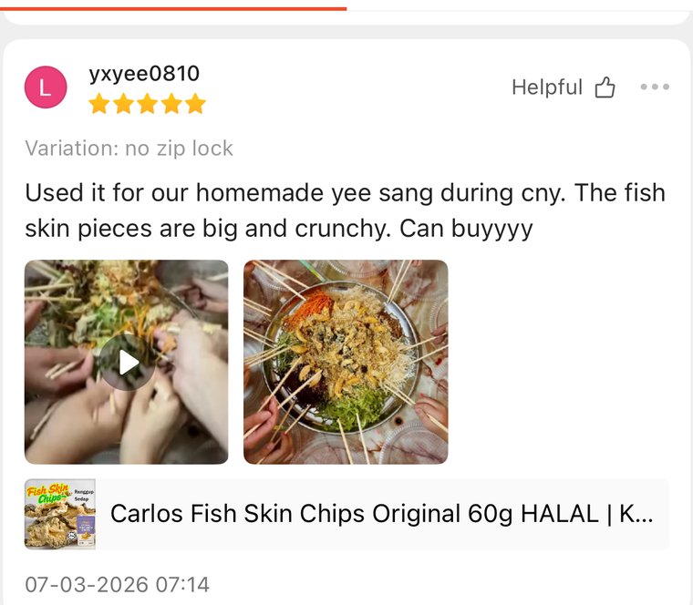 Shopee review from yxyee0810: used it for our homemade yee sang during CNY, the fish skin pieces are big and crunchy