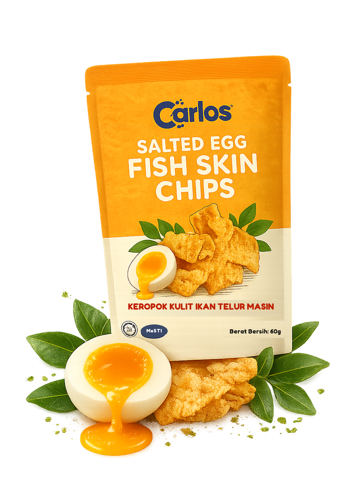 Carlos Salted Egg Fish Skin Chips with salted egg, chips and curry leaves